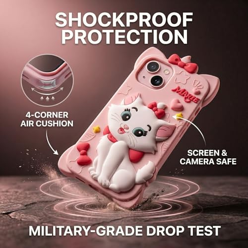 Image of amazon basics Luxury 3D Marie Cat Pink Silicone Case for iPhone 15 | Cute Cartoon Soft Back Cover | Shockproof Kawaii Designer Cover for Girls & Women