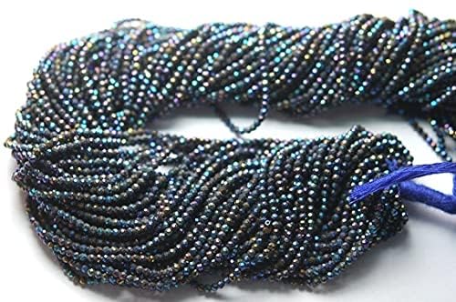 Spinel noir facetté de 3mm en fil de 34cm avec reflets titane bleus