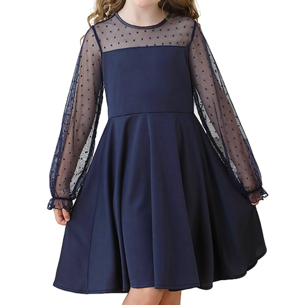 Vicloon Mädchenkleid mit Kontrast Mesh Langarm Puff, Festliches Prinzessin, Elegant A-Linie Hochzeit Partykleid, hoher Taille Rundhals Abendkleid Freizeitkleid