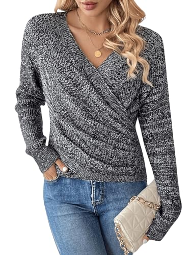Image of SOLY HUX Women's V Neck Long Sleeve Off Shoulder Sweaters Criss Cross Wrap Ruched Pullover Fall Tops
