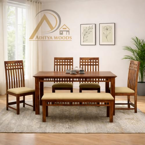 Image of AADITYA WOODS Sheesham Wood 6 Seater Dining Table Set with Chairs & Bench for Living Room Home | Wooden Dining Table Set for Office Restaurant Dining Room Set-57x35x30 inch (Honey kB1, 6 Seater)