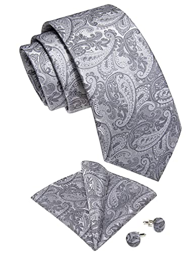 Image of DiBanGu Mens Paisley Tie Sets Silk Jacquard Woven Floral Necktie and Pocket Square Cufflinks Wedding Business Party