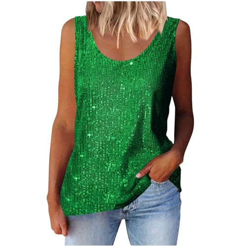 Image of Womens Sequin Vests Glitter Sparkle Sleeveless Tank Tops Summer Casual Slim Fitted Cami Shirts Fashion Party Blouses Camisole for Petite Ladies UK My Recent Orders Green