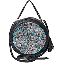 Merbaa western Handtooled Cowhide Hairon Canteen Crossbody bag with Adjustable Detachable Leather Strap,Antique dye finish