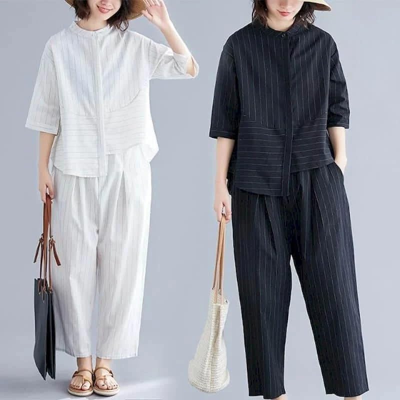 Women Striped Two Piece Set Shirt Pants Casual Everyday Outfit