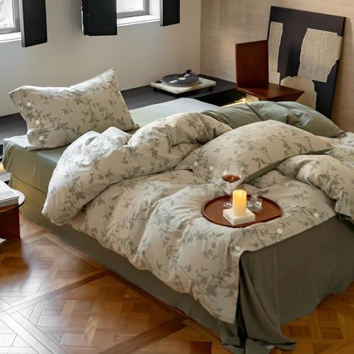 VM VOUGEMARKET Botanical Leaves Duvet Cover Set King Linen Cotton Bedding Set,3D Jacquard Yarn-Dyed Textured Comforter Cover with Button Closure-104 x90,Sage Green