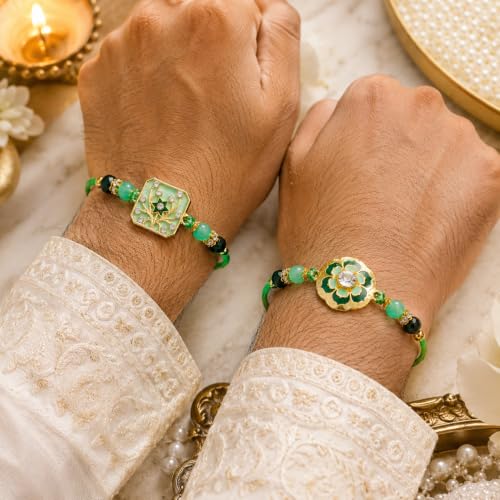 Image of Dreamica Set of 2 Designer Rakhi for Brother | Combo with ?My Brother is Awesome? Fridge Magnet, Tilak Set (Roli-Chawal), and Greeting Card | Best Rakhi Gift for Brother (Rakhi-68)