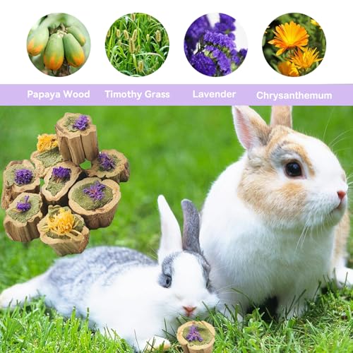 Image of Natural Rabbit Chew Toys,Papaya Wood Sticks Organic Rabbit Treats with Timothy Hay Cakes and Dried Flower Rabbit Enrichment Toys for Guinea Pig Teeth Grinding (3.52 OZ / 100g)
