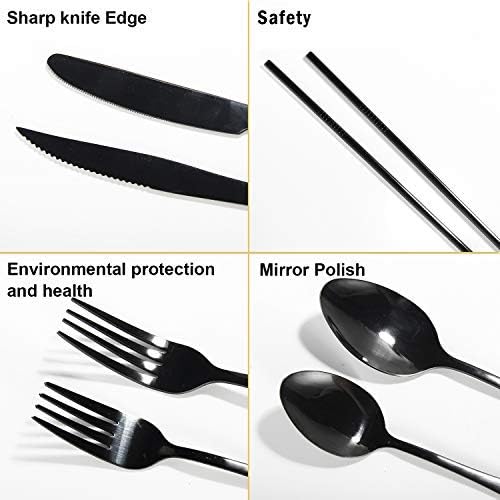 Silverware Set,WOAIWO-Q 28 PCS Stainless Steel Flatware Set for 4 People, Cutlery With Wire Mesh Holder Storage Trays Mirror Polish,Dishwasher Safe (Black)