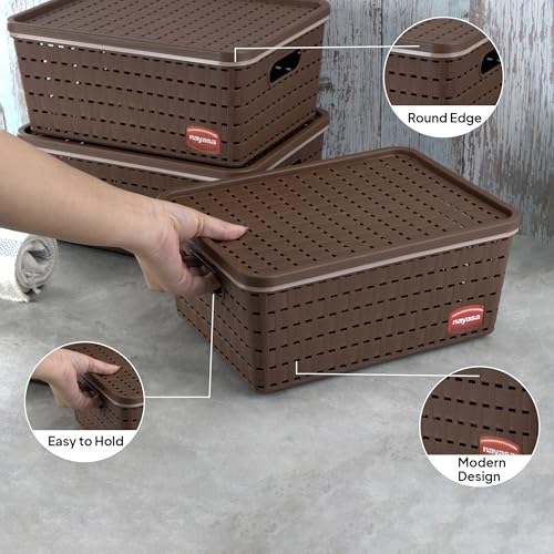 Image of Nayasa Gloria Basket for Storage | Vegetable & Fruit Basket | Storage Box and Organiser Plastic Basket With Lid | Multipurpose Kitchen Organizer Rack | Medium - Set of 3 | DarkBrown