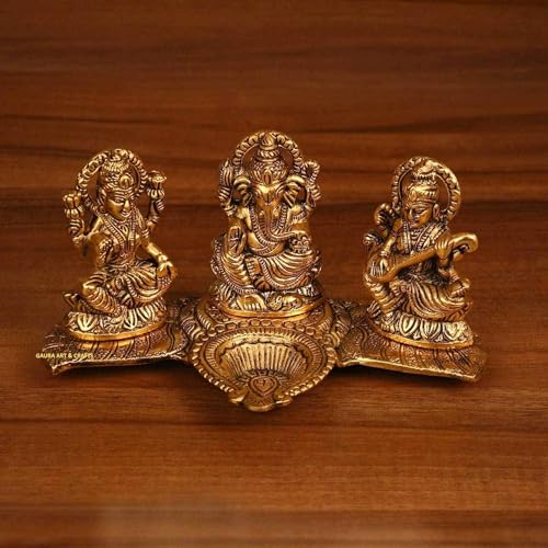 Image of Kalakriti God Idols for puja Room Metal Antique Ganesh laxmi Saraswati Idol Murti |Decorative Platter with Diya, Sitting Blessing Ganpati for Diwali Decoration Festival, Golden