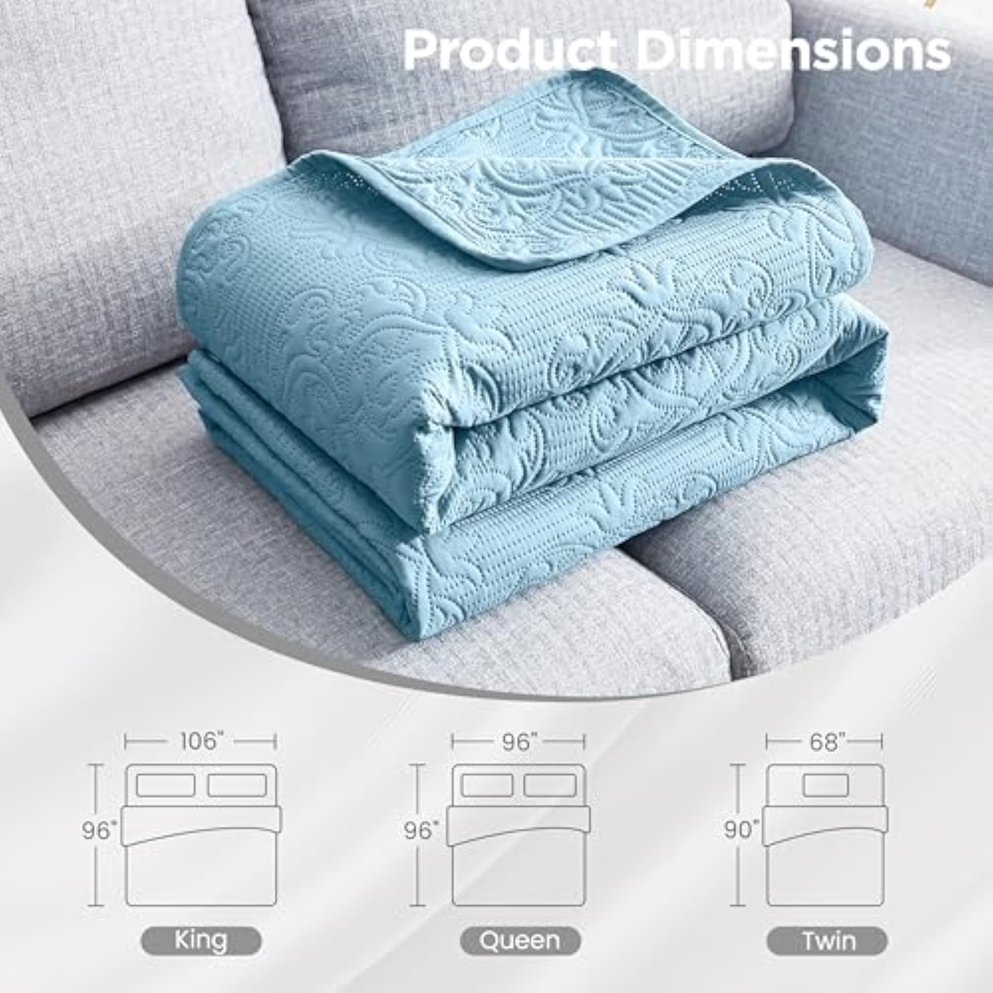 Reversible Lightweight King Size Bed Quilt, Light Blue