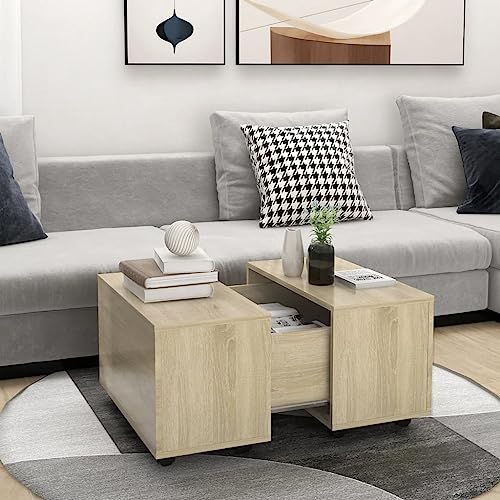 LoogCape Table basse en chêne Sonoma 60 x 60 x 38 cm, extensible, avec roulettes, pour salon, espace de rangement pratique