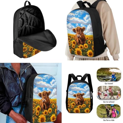 Highland Cow Kids Backpack for Girls Elementary School with Lunch Box Pencil Case, Cute Bookbag Set for Girls Boys Large School Bag for Primary Elementary Junior School Student2