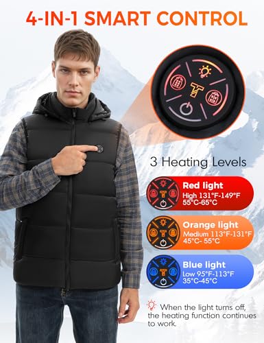 TODWARM Beheizbare Weste Herren mit Powerbank 16000 mAh, 15 Heizzonen Heizweste Herren Abnehmbarer Kapuze Wärmeweste mit Lichtaus Funktion für Camping Motorrad Jagen Angeln Schwarze XL
