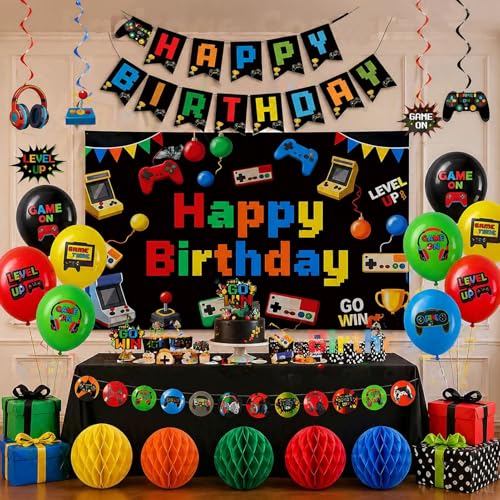 Video Game Birthday Decorations Gaming Party Decorations Birthday Party Decorations for Boys | Cake Topper Swirls Honeycomb Centerpieces Plates Napkins Cups Balloons Tablecloth
