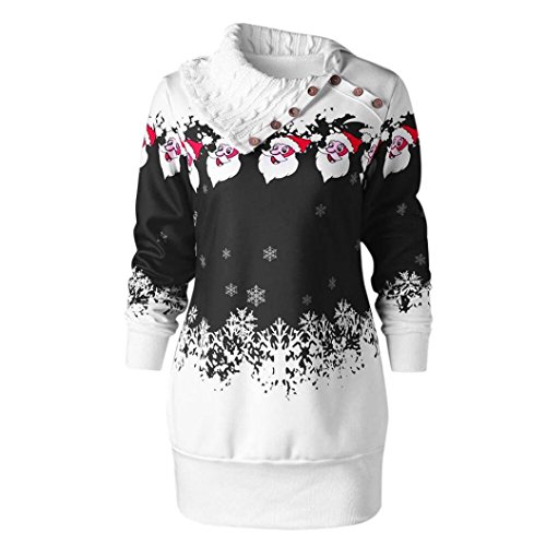 Tsmile Womens Dress Plus Size Christmas Santa Claus Snowflake Print Dress Fashion Tunic Button Sweater Mini Dress (Black, XL)