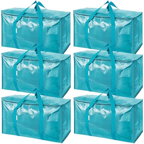 Image of TICONN 6 Pack Extra Large Moving Bags Heavy Duty with Zippers & Carrying Handles, Durable Storage Bags Moving Boxes for Closet Organizers and Storage (6 Pack, Aqua)