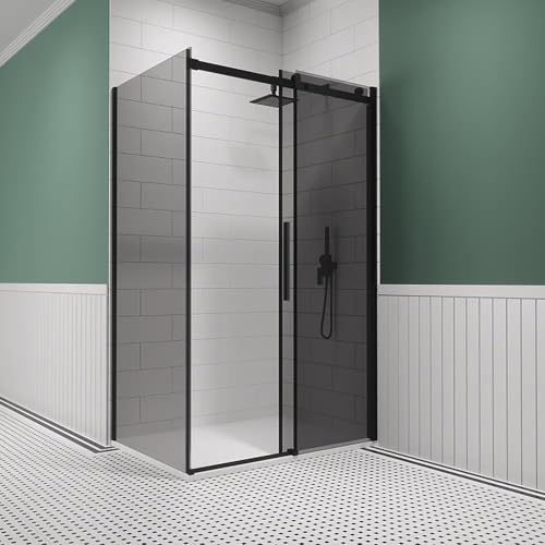 Box Doccia Angolare Apertura Scorrevole Vetro Temperato Fumè 8Mm Anticalcare Installazione Reversibile Profili In Alluminio Nero Opaco Altezza 195 Cm - 2