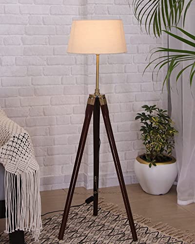 Image of Homesake Tripod Floor Lamp with Shade Wooden, Brass Finish Industrial Nautical Marine Decorative Lamp (Beige)