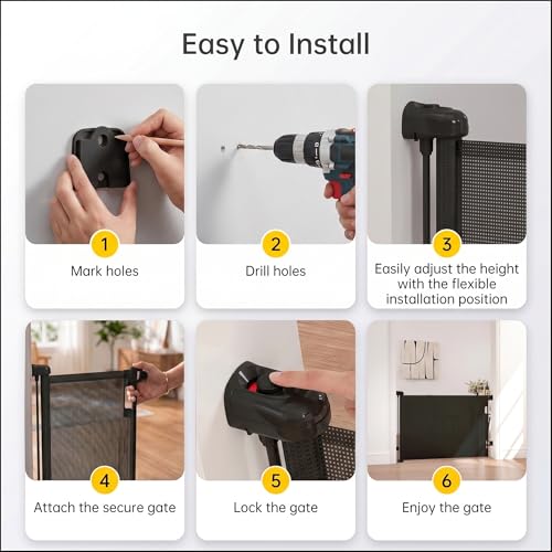 Image of A Baby Cherry - Baby Saftey Gate Retractable | Stairs & Pet Safety | Wide Mesh Gate 33 inch Tall | Expandable 55 inch | Indoor /Outdoor, Childproof Auto Lock (Black)