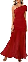 LAGSHIAN Women's One Shoulder Ruched Sleeveless Maxi Dress - Elegant Formal Evening Party Gown