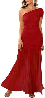LAGSHIAN Women's One Shoulder Ruched Sleeveless Maxi Dress - Elegant Formal Evening Party Gown