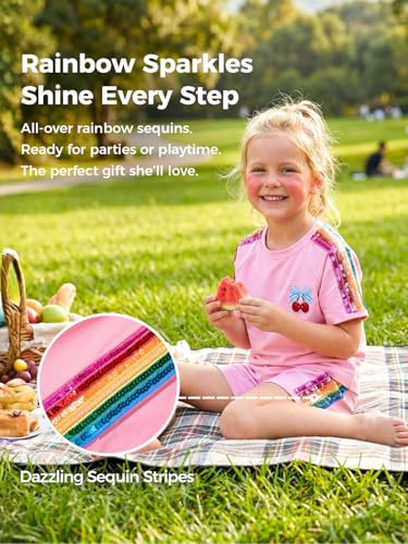 Image of WELAKEN Girls 2 Piece Outfit Kid Toddler Heart & Rainbow Sequin Striped T-shirt and Shorts Clothing Set