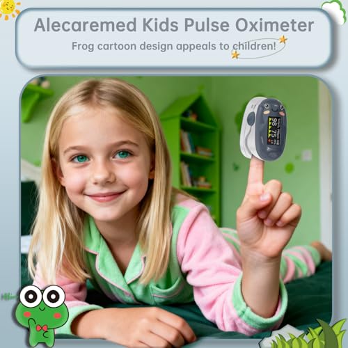 Image of Alecaremed Pulse Oximeter for Kids, Adorable Animal Children Oxygen Monitor Fingertip with 20 x Memory, 4 Color OLED Display Blood Oxygen Saturation Monitor with Alarm, Batteries and Lanyard (Grey)
