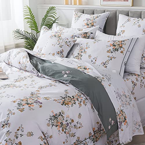 Fadfay Twin Xl Duvet Cover Set Floral Bedding Percale Cotton 600 Tc College School Bedding Soft Dorm Room Reversible White Olive Green Leaf Flower Print Comforter Cover Luxury 3Pcs, Twin Extra Long #TOP7