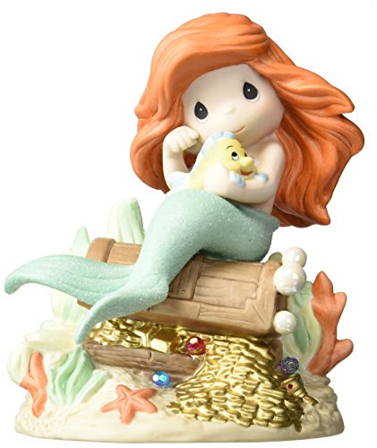 Precious Moments, Disney Ariel Seated On Treasure Box Holding Flounder Figurine, Porcelain Bisque Figurine, 153010