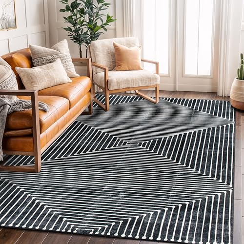 Rugshop Marbella Bohemian Stripes Washable Non Slip Area Rug 5' x 7' Black