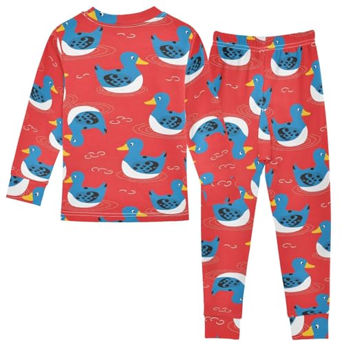Pajama Sets Long Sleeve Blue Ducks on Red Soft Comfy Sleepwear 2 Piece PJS 3-8T3