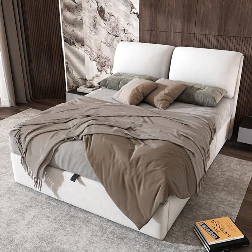 Rtopsu Polsterbett Doppelbett 140x200 cm mit 3 Stauraum Schubladen, Bett mit Stauraum und Kopfteil, Stauraumbett mit Hydraulische Metallrahmen und Lattenrost aus Holz, Samt, Beige, Ohne Matratze