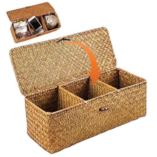 Cesta de junco marino con tapa de 33x13x10 cm rectangular de 3 secciones 7