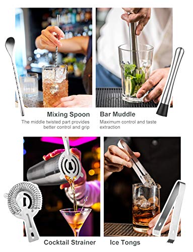 YISSVIC Bartender Kit 9pcs Cocktail Shaker Set with Martini Shaker Double Jigger Muddler 2 Pourers Ice Tong Ice Strainer Bar Spoon Corkscrew Bar Tools Set (25oz) - Thumbnail 4