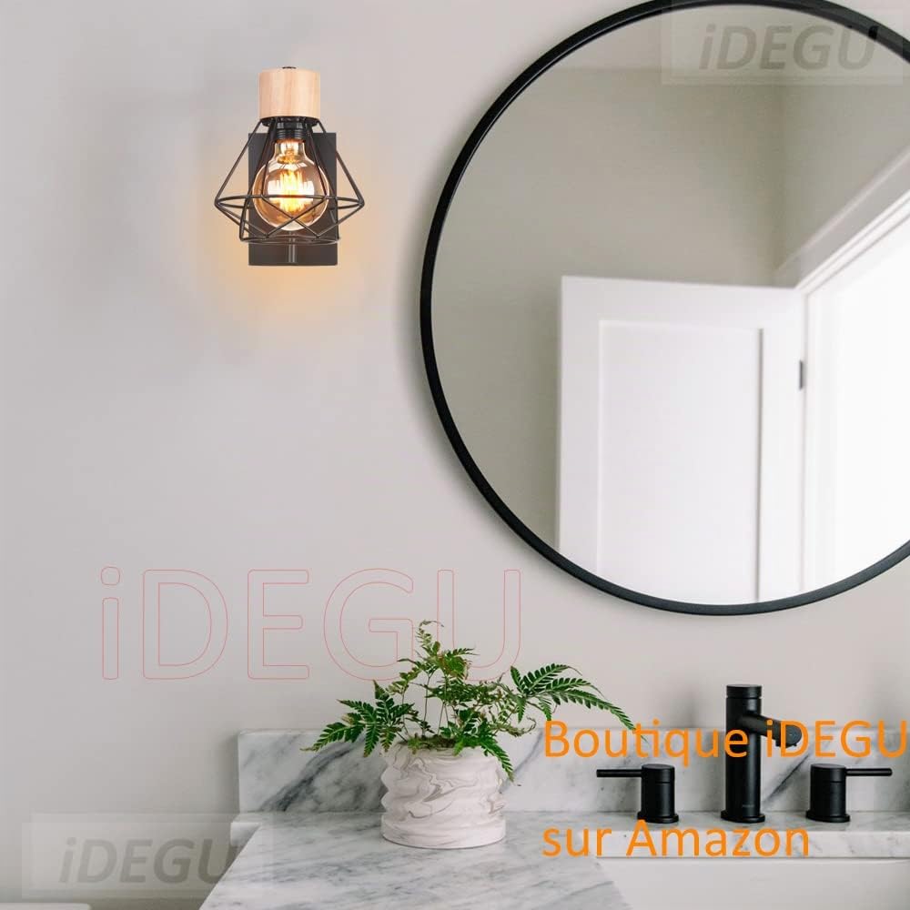 iDEGU Lot de 2 Applique Murale Intérieure Industrielle Luminaire Réglable en Bois Fer Design Cage Noir Rétro Éclairage E27 Lampe Murale Vintage pour Chambre Salon Cuisine (Applique Réglable, 2 Pack)