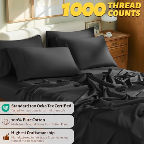 Shilucheng 100% Egyptian Cotton Queen Size Sheets Set - 1000 Thread Count，Luxury Cotton Bed Sheets，Breathable & Cooling Bedding and Pillow Cases, 16 Inch Deep Pocket - 6 Piece (Black, Queen)