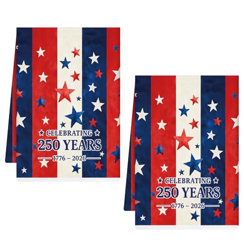 VISSTREE 4th of July Kitchen Towels Set of 2 Absorbent 250th Anniversary Patriotic Hand Towel American Flag Stars Dish Towels for Independence Memorial Day Holiday Home Decoration Gifts 16x24 Inch