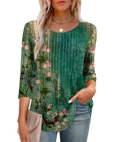 XIEERDUO Blouses for Women 2026 Dressy Casual 3/4 Length Sleeve Womens Summer Tops Trendy Pleated Shirts Spring Fashion Clothing Outfits Beach Vacation Clothes F-Green Floral XL - image 3