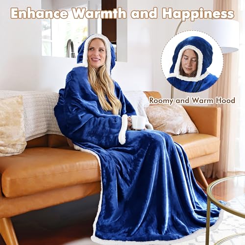 Tirrinia Sherpa Hood Wearable Blanket – Navy Blue Oversized Adult Hoodie Blanket with Pocket — view 2