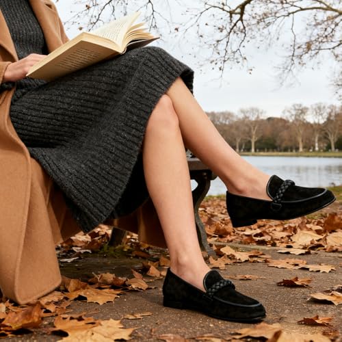 Image of MOOMMO Women Comfortable Suede Loafer Flats Round Closed Toe Slip On Penny Loafers Knitted Strap Oxford Loafer Shoes for Office Ladies Work Daily Casual Club Driver Flats Spring Elegant 4-11 M US