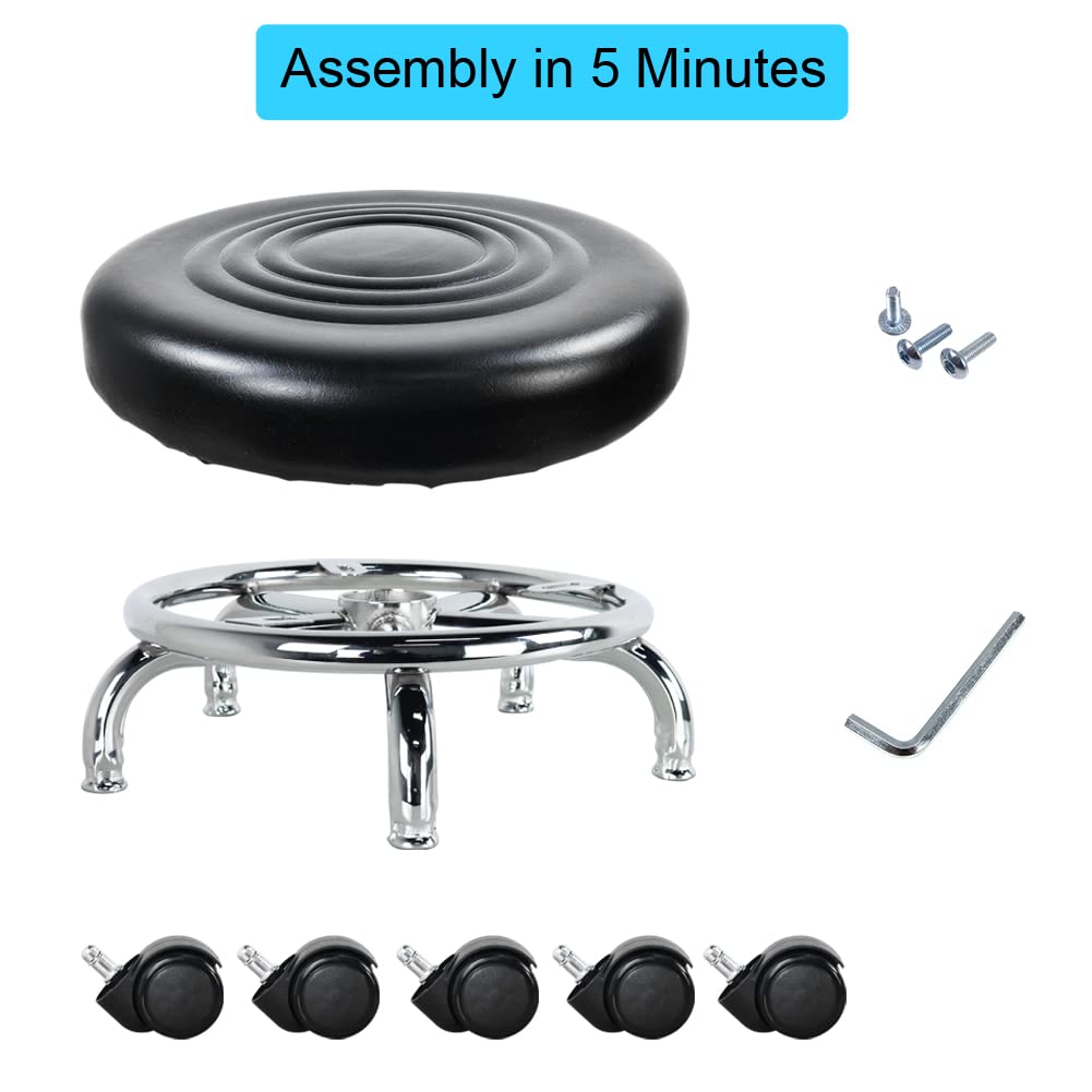 WKWKER moderno sedile a rullo in pelle PU basso rotonda sgabello girevole piccolo sgabello con ruote girevoli universali per home office garage negozio fitness sport, H: 21,3 cm (nero)