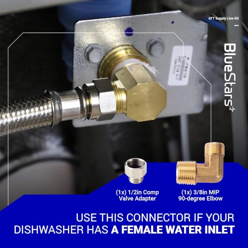 Image of BlueStars Dishwasher Installation Kit, 6-Feet Supply Line with 3 /8 inch x 3 /8 inch Compression, 6-Feet 3-Prong Power Cord, Elbow Connectors & Adapters - Braided Stainless Steel Dishwasher Connector