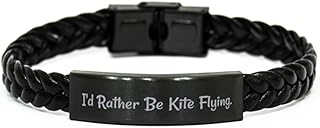 Cute Kite Flying Braided Leather Bracelet, I'd Rather Be Kite Flying, Present For Men Women, Joke Gifts From Friends, Kite flying gifts, Unique kite flying gifts, Gifts for kite flyers, Kites as, Silver Plated Zinc, Cubic Zirconia