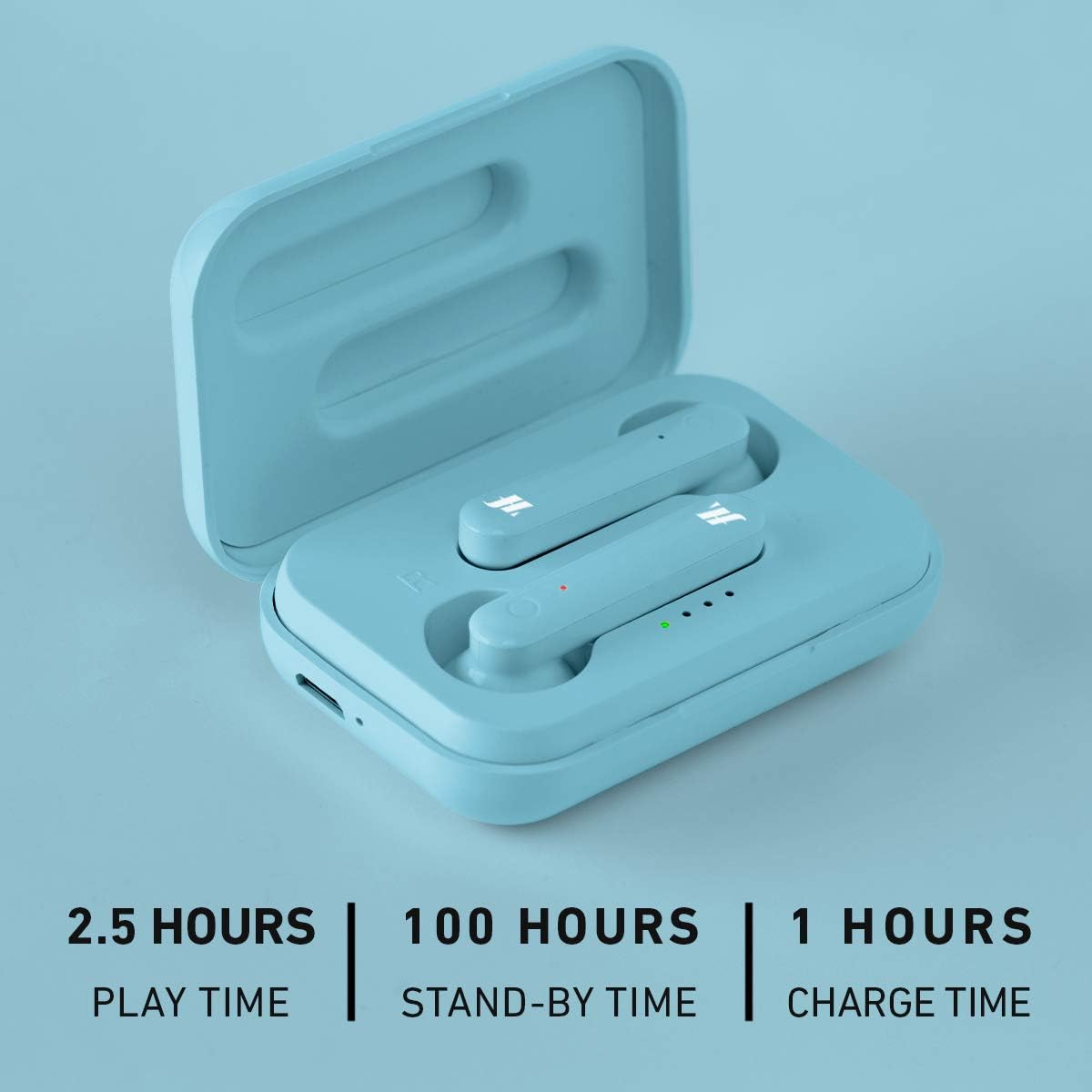 Music Hero TWS Beat Earphones in charging case showing 2.5 hours play time, 100 hours standby time, and 1 hour charge time.