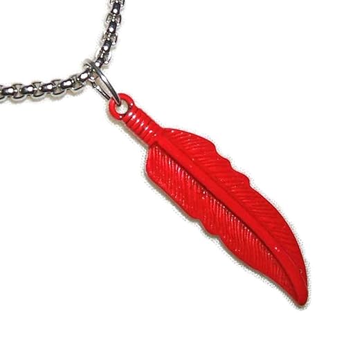 HAWKS HERO RED FEATHER NECKLACE Bird Wing Pendant STAINLESS STEEL CHAIN