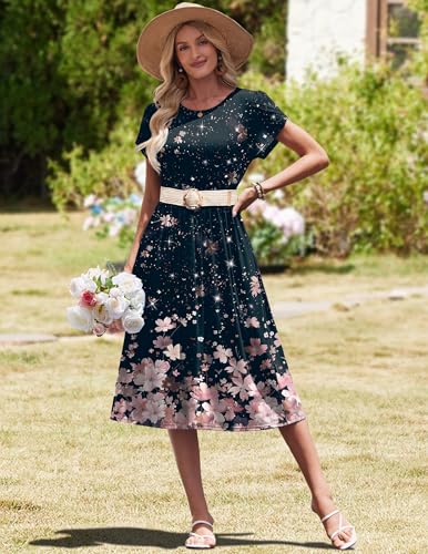 Image of HOTOUCH Women's Summer A-Line Midi Dresses 2026 Casual Floral Short Sleeve T-Shirt Dress Flowy Beach Sundress with Pockets