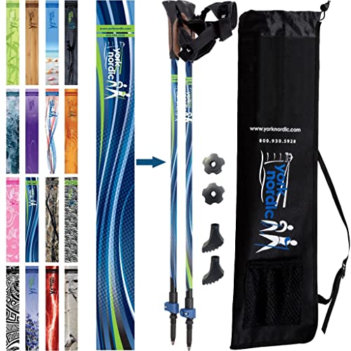 Official Nordic Walking Poles - True Classic Nordic Glove Grips Lightweight Adjustable and Collapsible -2 Pieces w/flip Locks Detachable Feet and Travel Bag by York Nordic - Heights 54-62