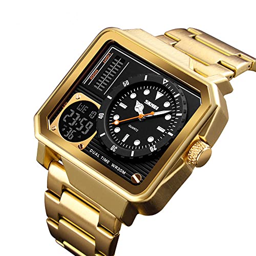 Gosasa Men's Square Large Face Stainless Steel Digital Sports Watch, LED Analog Quartz Wrist Watch with Multi-Time Zone Waterproof Stopwatch2